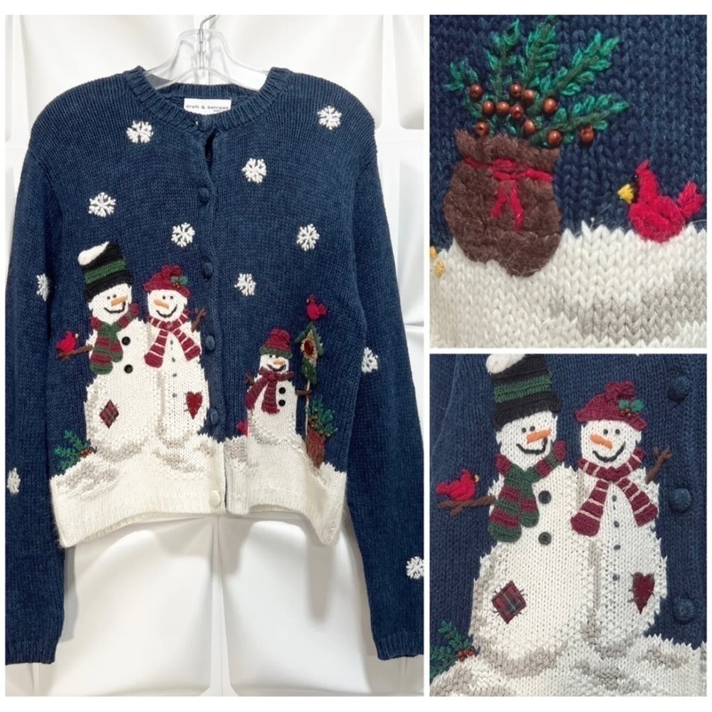 Croft & Barrow Womens Sz PL P L Snowman Chunky Cardigan Sweater Christmas Blue